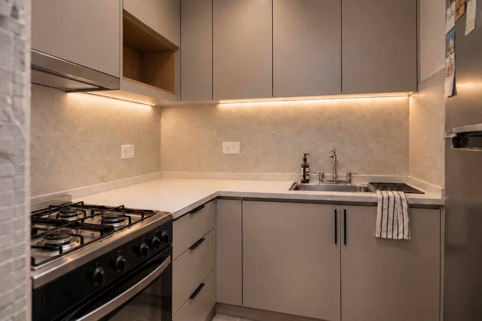 Baño con mueble de madera y ducha vidriada